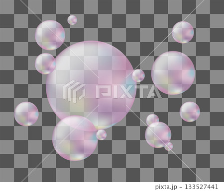 3d Pink Chrome Soap Bubbles. Realistic Translucent Air Bubbles on a transparent background. Flying soap bubbles, vector illustration. 133527441