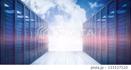 Showing data center corridor opening to bright sky in flat design with glossy floor reflection Showing data center corridor opening to bright sky in flat design with glossy floor reflection 133527520