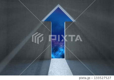 Arrow-shaped portal is revealing cosmic star field in flat design chamber, casting bright beam 133527527