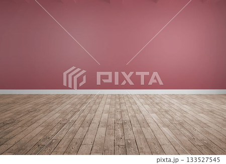 Empty room is being shown in flat design featuring wood plank floor, white baseboard, pink wall 133527545