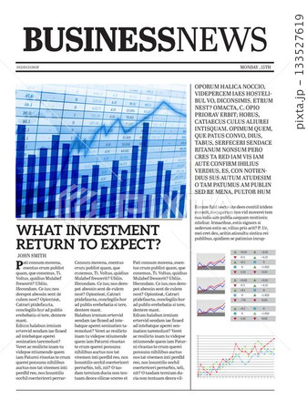 business newspaper front page layout showcasing flat design, serif masthead, bar chart, line graph 133527619