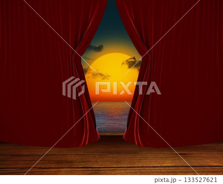 Opened red velvet curtains are framing stage floor with ocean sunset in flat design 133527621