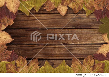 Border of dried autumn leaves is framing horizontal rustic wooden planks in flat design Border of dried autumn leaves is framing horizontal rustic wooden planks in flat design 133527627