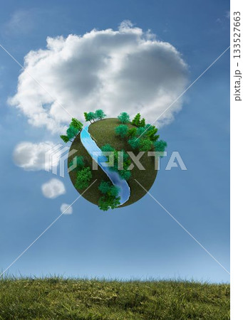 Futuristic earth floating in sky 133527663