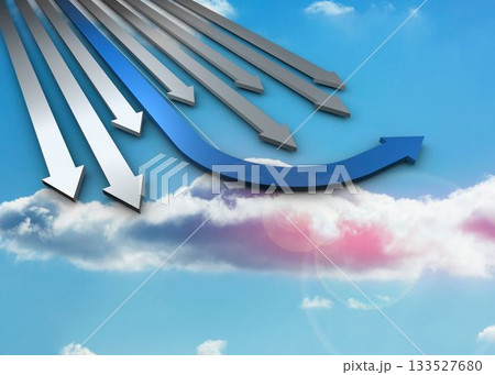 Blue and grey curved arrows pointing against sky 133527680