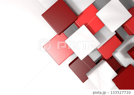 Glossy deep red, red and white 3D cubes are floating over white gradient backdrop, forming pattern 133527710