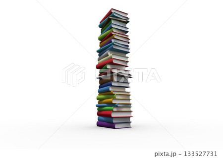 Colorful hardcover book stack is standing in 3D render studio with white surface, copy space 133527731