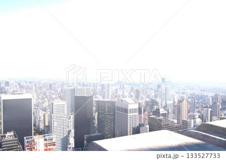 Flat design is showing rooftop concrete ledge and metal railing overlooking skyscraper cluster 133527733