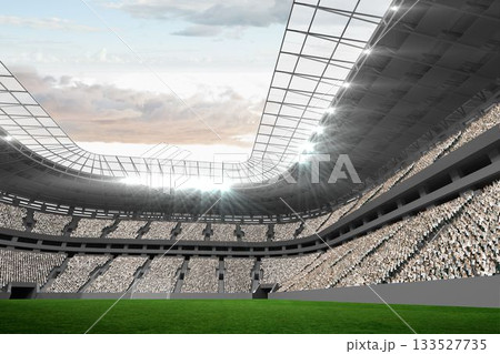 Showing flat design stadium interior with turf, seating, glass roof floodlights lighting cloudy sky 133527735