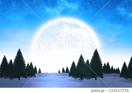 Flat design full moon is being shown over snowdrifts and scattered pine trees under starry sky 133527758