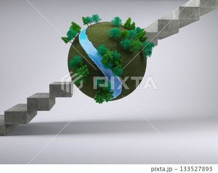 Earth floating in front of stairs Earth floating in front of stairs 133527893