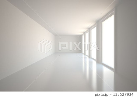 Minimal white corridor is stretching in flat design, featuring glossy floor and windows Minimal white corridor is stretching in flat design, featuring glossy floor and windows 133527934