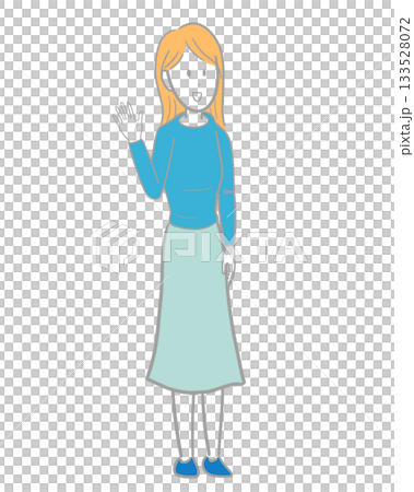 Illustration of a light-haired woman smiling and raising her right hand Illustration of a light-haired woman smiling and raising her right hand 133528072