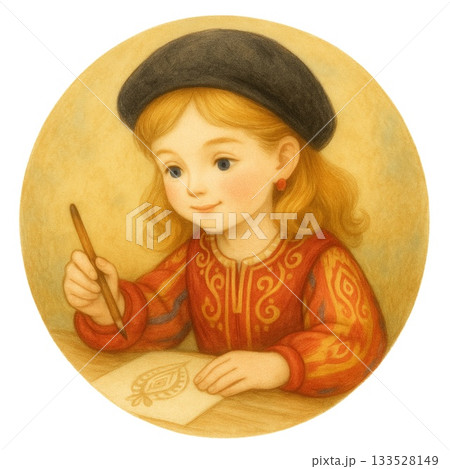 アイコン素材：民族衣装の女の子のお絵描きシーン　Generative AI 133528149