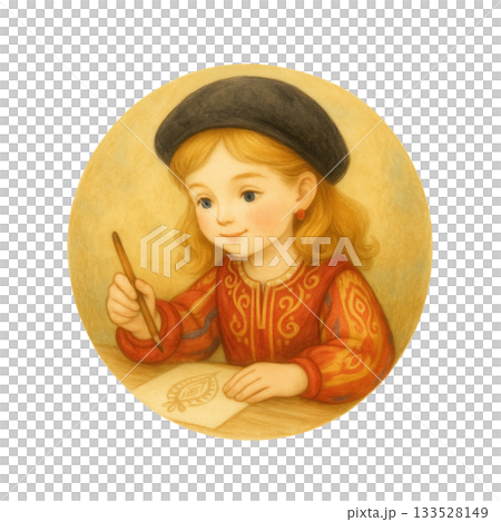 アイコン素材：民族衣装の女の子のお絵描きシーン　Generative AI 133528149