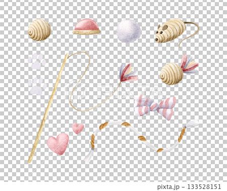 Cat toys bundle with stick, feathers, balls, pompom, mouse, rope and bow. Watercolor illustration set in pastel beige and pink colors. Pet goods clip art for pet shops, game and home playing designs Cat toys bundle with stick, feathers, balls, pompom, mouse, rope and bow. Watercolor illustration set in pastel beige and pink colors. Pet goods clip art for pet shops, game and home playing designs 133528151