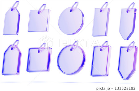Purple transparent keychain with ring mockup. Render 3d set of blank plastic key holder template. Glass holographic price tag for sale or gift label of circle, square, rectangle shape. 3D illustration 133528182