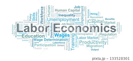 Labor Economics Word Cloud. Key concepts covering wages, employment, human capital, productivity, and policy factors shaping modern labor markets and workforce dynamics. 133528301