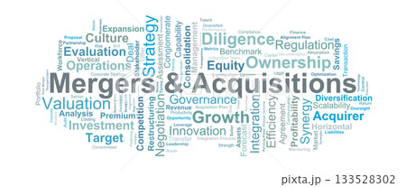 Mergers And Acquisitions Word Cloud. Key terms highlighting corporate growth, strategic integration, valuation, synergy, and decision processes in modern business expansion. 133528302