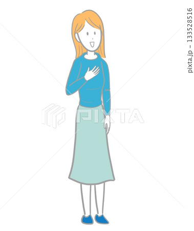 笑顔で右手を胸に当てている明るい髪色の女性のイラスト 笑顔で右手を胸に当てている明るい髪色の女性のイラスト 133528516