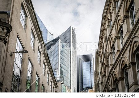 Modern Glass Skyscrapers and Historic Architecture in City Center 133528544