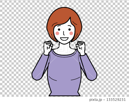 面向前方。一位身穿拼接上衣的年輕女子擺出握拳的姿勢。 133529231