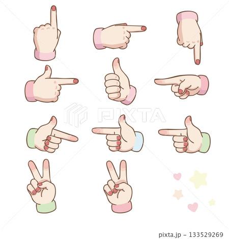 女性の手のジェスチャーセット　指差しとピースサイン 133529269