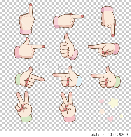 女性の手のジェスチャーセット　指差しとピースサイン 133529269