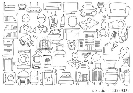 Hotel Related Doodle vector set. Drawing sketch illustration hand drawn line eps10 Hotel Related Doodle vector set. Drawing sketch illustration hand drawn line eps10 133529322