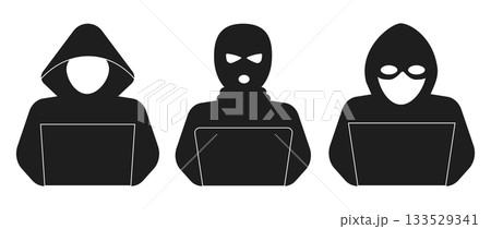 Incognito anonymous character silhouette icon, hacker or scammer with hidden face, villain. Thief, criminal, robber simple sign.  133529341