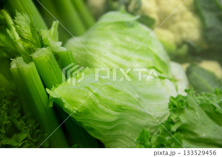 Celery and lettuce leaves, fresh green vegetables, background of freshly picked garden greens in water droplets. Close-up of vegetables stored in a special refrigerator 133529456