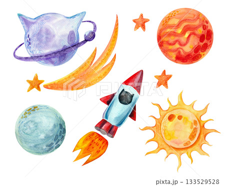 A large set of vibrant watercolor illustrations on a space theme. Isolated objects for children's and holiday textile design, packaging, and printed materials. 133529528