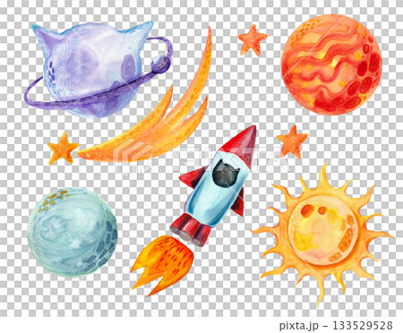 A large set of vibrant watercolor illustrations on a space theme. Isolated objects for children's and holiday textile design, packaging, and printed materials. 133529528