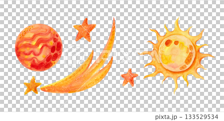 A set of space-themed watercolor illustrations in yellow and orange colors for children's and holiday textile and printed design. 133529534
