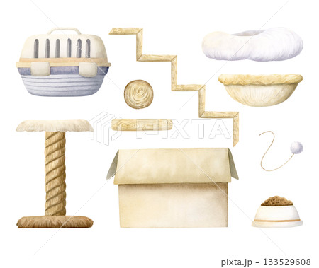 Cats home accessories and furniture bundle. Hand drawn watercolor illustration isolated set. Pet beddings in pastel beige colors for domestic animals. Scratching post and carrier clip art for pet shop 133529608