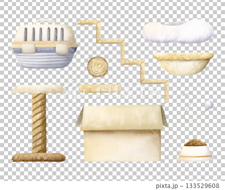 Cats home accessories and furniture bundle. Hand drawn watercolor illustration isolated set. Pet beddings in pastel beige colors for domestic animals. Scratching post and carrier clip art for pet shop 133529608
