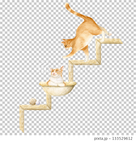 Orange cats climbing on stairs watercolor illustration isolated on white. Ginger funny pet games with toys. Domestic animal clip art for pet stores, shelters and adoption centers 133529612