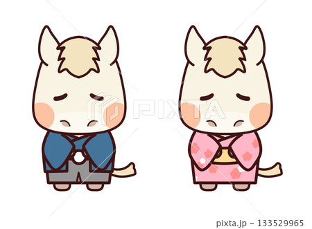 青とピンクの着物を着てお辞儀する白毛の馬 青とピンクの着物を着てお辞儀する白毛の馬 133529965