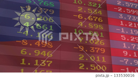 Displaying financial figures overlaying Taiwan flag on trading screen, with colored number columns Displaying financial figures overlaying Taiwan flag on trading screen, with colored number columns 133530016