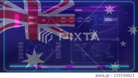 Displaying holographic interface on dark blue grid, with Australian flag pie chart and waveform Displaying holographic interface on dark blue grid, with Australian flag pie chart and waveform 133530021