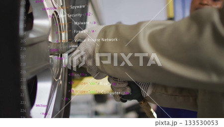 Operating mechanic's gloved hands gripping impact wrench on lug nuts at auto garage, code overlay Operating mechanic's gloved hands gripping impact wrench on lug nuts at auto garage, code overlay 133530053