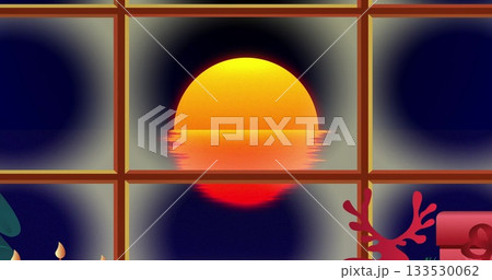 Sun reflecting on calm water through six-pane window, with plant, candles, coral ornament, gift box 133530062