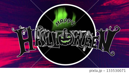 Presenting Halloween design with jack-o-lantern in circle on magenta-purple stripes, green flame 133530071