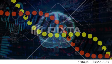 Highlighting DNA helix linking wireframe brain in visualization with hex grid network lines Highlighting DNA helix linking wireframe brain in visualization with hex grid network lines 133530085