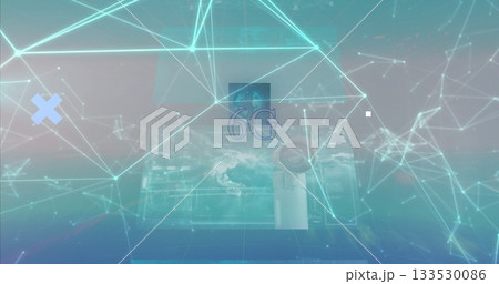 Projecting 6G label and globe icon in network with antenna creating holographic world map interface Projecting 6G label and globe icon in network with antenna creating holographic world map interface 133530086