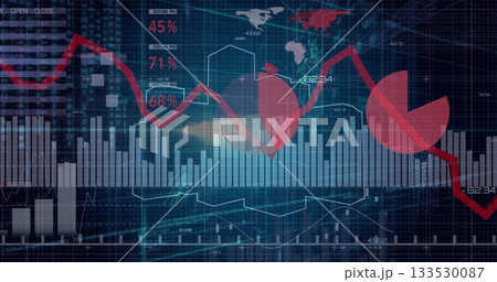Displaying financial dashboard showing global map on dark interface, with red downward line graph Displaying financial dashboard showing global map on dark interface, with red downward line graph 133530087