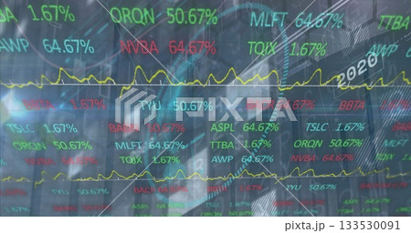 Displaying financial data overlaying skyline, with stock tickers, percentages, yellow trend line Displaying financial data overlaying skyline, with stock tickers, percentages, yellow trend line 133530091