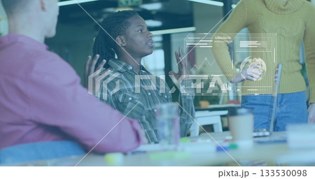 Gesturing man in green plaid shirt presenting holographic data visualization in office, with laptop Gesturing man in green plaid shirt presenting holographic data visualization in office, with laptop 133530098