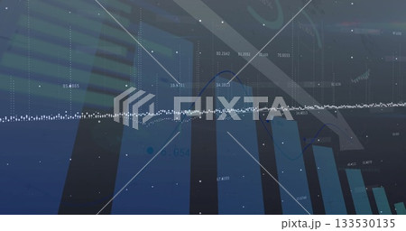 Displaying analytics UI with blue bars, waveform, line graph, labels, light streaks and grid lines Displaying analytics UI with blue bars, waveform, line graph, labels, light streaks and grid lines 133530135