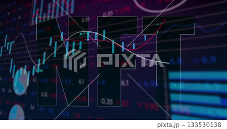 Showing NFT letters revealing data on trading screen with candlesticks graphs gauge and bar chart Showing NFT letters revealing data on trading screen with candlesticks graphs gauge and bar chart 133530138